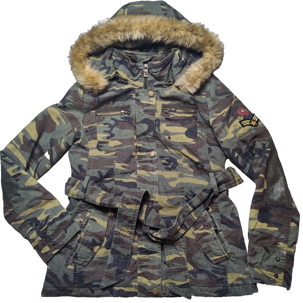 BUFFALO DAVID BITTON Women Small Camo Ripstop Cotton Faux‎ Fur Hood Parka Jacket